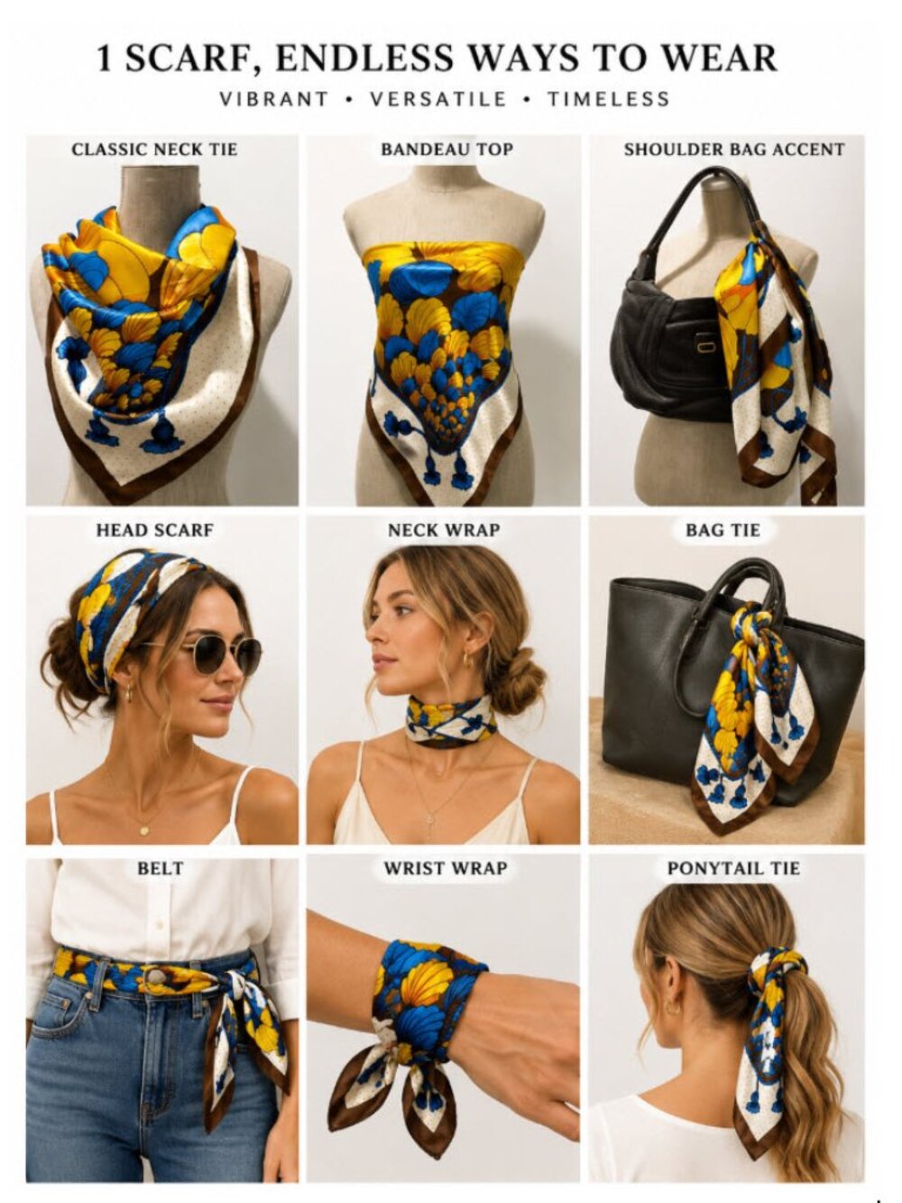 Vintage Print Square Scarf Yellow Blue Boho Quiet Luxury Old Money Festival Chic